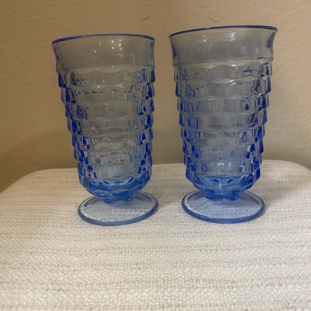 Vintage Blue Pressed Glass Footed Tumblers - Set of 2